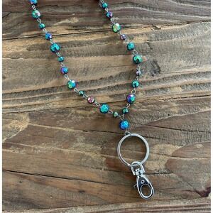 Iridescent Beaded Lanyard Necklace Keychain Holder Indie Sleaze Boho Metallic
